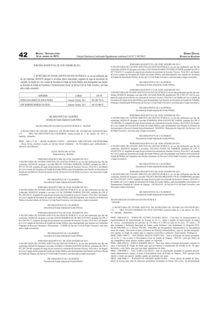MACEIO - SEGUNDA-FEIRA                                                                                                                                                               DIÁRIO OFICIAL
42                  14 DE JANEIRO DE 2013                               Edição Eletrônica Certiﬁcada Digitalmente conforme LEI N° 7.397/2012                                                        ESTADO DE ALAGOAS


                                                                                                                                         PORTARIA SEGESP Nº 012, DE 10 DE JANEIRO DE 2013.
                  PORTARIA SEGESP Nº 018, DE 10 DE JANEIRO DE 2013.                                               A SECRETÁRIA DE ESTADO ADJUNTA DA GESTÃO PÚBLICA, no uso das atribuições que lhe são
                                                                                                                  conferidas, RESOLVE designar o servidor LUIZ CESAR SOARES TEIXEIRA JÚNIOR, portador do CPF nº
                                                                                                                  027.370.654-37, ocupante do cargo de provimento em comissão de Assessor Técnico, Nível AS-3, do Quadro
                                                                                                                  de Livre Lotação da Secretaria de Estado da Gestão Pública, para desempenhar suas funções na Secretaria
                   A SECRETÁRIA DE ESTADO ADJUNTA DA GESTÃO PÚBLICA, no uso das atribuições que                   de Estado da Articulação Política, do Serviço Civil do Poder Executivo, sem ônus para o órgão cessionário.
 lhe são conferidas, RESOLVE designar os servidores abaixo relacionados, ocupantes de cargo de provimento em
 comissão, do Quadro de Livre Lotação da Secretaria de Estado da Gestão Pública, para desempenhar suas funções                                     RICARDA PONTUAL CALHEIROS
 na Secretaria de Estado da Assistência e Desenvolvimento Social, do Serviço Civil do Poder Executivo, sem ônus                                Secretária de Estado Adjunta da Gestão Pública
 para o órgão cessionário:
                                                                                                                                         PORTARIA SEGESP Nº 013, DE 10 DE JANEIRO DE 2013.
                                                                                                                  A SECRETÁRIA DE ESTADO ADJUNTA DA GESTÃO PÚBLICA, no uso das atribuições que lhe são con-
                       SERVIDOR                                       CARGO                     CPF Nº            feridas, RESOLVE designar o servidor JOEL DE GOIS MORAIS, portador do CPF nº 995.147.454-34, ocu-
                                                                                                                  pante do cargo de provimento em comissão de Assessor Técnico, Nível AS-3, do Quadro de Livre Lotação da
 MARIA DAS DORES DE JESUS VIEIRA                             Assessor Técnico, AS-1       954.290.774-53          Secretaria de Estado da Gestão Pública, para desempenhar suas funções na Secretaria de Estado do Trabalho,
                                                                                                                  Emprego e Qualiﬁcação Proﬁssional, do Serviço Civil do Poder Executivo, sem ônus para o órgão cessionário.
 JOSÉ ROBERTO BORGES DA SILVA                                Assessor Técnico, AS-3       544.533.804-53
                                                                                                                                                   RICARDA PONTUAL CALHEIROS
                                                                                                                                               Secretária de Estado Adjunta da Gestão Pública

                                                                                                                                        PORTARIA SEGESP Nº 014, DE 10 DE JANEIRO DE 2013.
                                     RICARDA PONTUAL CALHEIROS                                                    A SECRETÁRIA DE ESTADO ADJUNTA DA GESTÃO PÚBLICA, no uso das atribuições que lhe são
                                 Secretária de Estado Adjunta da Gestão Pública                                   conferidas, RESOLVE designar o servidor RARISSON DOS SANTOS DE FARIAS, portador do CPF nº
                                                                                                                  103.498.004-13, ocupante do cargo de provimento em comissão de Assessor Técnico, Nível ASI-2, do Quadro
                    SECRETARIA DE ESTADO DA GESTÃO PÚBLICA – SEGESP                                               de Livre Lotação da Secretaria de Estado da Gestão Pública, para desempenhar suas funções no Instituto de
                                                                                                                  Inovação para o Desenvolvimento Rural Sustentável – EMATER / Município de Traipu/AL, do Serviço Civil
  A SECRETÁRIA DE ESTADO ADJUNTA, DA SECRETARIA DE ESTADO DA GESTÃO PÚBLI-                                        do Poder Executivo, sem ônus para o órgão cessionário.
CA,       DRA. RICARDA PONTUAL CALHEIROS, exarou em data de 11 de janeiro de 2013, o
seguinte despacho:                                                                                                                                 RICARDA PONTUAL CALHEIROS
                                                                                                                                               Secretária de Estado Adjunta da Gestão Pública
PROC. 1500-1177/10 - ARANI ALMEIDA COSTA - (APENSOS: 1500-5530/1998, 1500-30704/2006)
- Dessa forma, retornem os autos ao Serviço Social Autônomo - AL Previdência para conhecimento e                                        PORTARIA SEGESP Nº 015, DE 10 DE JANEIRO DE 2013.
ulteriores providências.                                                                                          A SECRETÁRIA DE ESTADO ADJUNTA DA GESTÃO PÚBLICA, no uso das atribuições que lhe são
                                                                                                                  conferidas, RESOLVE designar a servidora TACIANA VIEIRA DE AMORIM, portadora do CPF nº
                                       ALINE BOTELHO ALVES                                                        024.887.074-22, ocupante do cargo de provimento em comissão de Assessor Técnico, Nível AS-3, do Quadro
                                        Responsável p/ Resenha                                                    de Livre Lotação da Secretaria de Estado da Gestão Pública, para desempenhar suas funções na Secretaria de
                                                                                                                  Estado da Mulher, da Cidadania e dos Direitos Humanos, do Serviço Civil do Poder Executivo, sem ônus para
                        PORTARIA SEGESP Nº 008, DE 10 DE JANEIRO DE 2013.                                         o órgão cessionário.
A SECRETÁRIA DE ESTADO ADJUNTA DA GESTÃO PÚBLICA, no uso das atribuições que lhe são
conferidas, RESOLVE designar o servidor BRUNO TEIXEIRA SORIANO GOMES, portador do CPF nº                                                           RICARDA PONTUAL CALHEIROS
053.227.914-00, ocupante do cargo de provimento em comissão de Assessor Técnico, Nível AS-1, do Quadro                                         Secretária de Estado Adjunta da Gestão Pública
de Livre Lotação da Secretaria de Estado da Gestão Pública, para desempenhar suas funções na Secretaria de
Estado da Assistência e Desenvolvimento Social, do Serviço Civil do Poder Executivo, sem ônus para o órgão                               PORTARIA SEGESP Nº 019, DE 10 DE JANEIRO DE 2013.
cessionário.                                                                                                      A SECRETÁRIA DE ESTADO ADJUNTA DA GESTÃO PÚBLICA, no uso das atribuições que lhe são
                                                                                                                  conferidas, RESOLVE designar o servidor VOLNEY MOURA BRANDÃO VILELA SOBRINHO, portador
                                  RICARDA PONTUAL CALHEIROS                                                       do CPF nº 076.023.134-93, ocupante do cargo de provimento em comissão de Assessor Técnico, Nível AS-3,
                              Secretária de Estado Adjunta da Gestão Pública                                      do Quadro de Livre Lotação da Secretaria de Estado da Gestão Pública, para desempenhar suas funções no
                                                                                                                  Departamento Estadual de Trânsito de Alagoas – DETRAN/AL, do Serviço Civil do Poder Executivo, sem
                       PORTARIA SEGESP Nº 009, DE 10 DE JANEIRO DE 2013.                                          ônus para o órgão cessionário.
A SECRETÁRIA DE ESTADO ADJUNTA DA GESTÃO PÚBLICA, no uso das atribuições que lhe são
conferidas, RESOLVE designar o servidor LUCAS TENÓRIO SABINO TOLEDO, portador do CPF nº                                                            RICARDA PONTUAL CALHEIROS
081.494.344-61, ocupante do cargo de provimento em comissão de Assessor Técnico, Nível AS-3, do Quadro                                         Secretária de Estado Adjunta da Gestão Pública
de Livre Lotação da Secretaria de estado da Gestão Pública, para desempenhar suas funções na Defensoria
Pública Geral do Estado, do Serviço Civil do Poder Executivo, sem ônus para o órgão cessionário.                  SECRETARIA DE ESTADO DA GESTÃO PÚBLICA
                                                                                                                  – SEGESP
                                  RICARDA PONTUAL CALHEIROS
                              Secretária de Estado Adjunta da Gestão Pública                                        A SECRETÁRIA DE ESTADO ADJUNTA, DA SECRETARIA DE ESTADO DA GESTÃO PÚBLI-
                                                                                                                  CA,      DRA. JULIANA BARROS DA CRUZ OLIVEIRA, exarou em data de 11 de janeiro de 2013,
                       PORTARIA SEGESP Nº 010, DE 10 DE JANEIRO DE 2013.                                          os seguintes despachos:
A SECRETÁRIA DE ESTADO ADJUNTA DA GESTÃO PÚBLICA, no uso das atribuições que lhe são
conferidas, RESOLVE designar o servidor DAVID RODRIGUES DE MELO NUNES, portador do CPF nº                         PROC. 1800-6249/12 - MARIA DE FÁTIMA DA HORA SILVA - Com base no pronunciamento da
014.544.594-17, ocupante do cargo de provimento em comissão de Assessor Técnico, Nível AS-3, do Quadro            Superintendência de Administração de Pessoas às ﬂs. 11, deﬁro o pedido de desaverbação de tempo
de Livre Lotação da Secretaria de Estado da Gestão Pública, para desempenhar suas funções na Companhia            de serviço, correspondente aos períodos de 2.8.1982 a 31.3.1985, no total de 02 anos, 07 meses e 29
Alagoana de Recursos Humanos e Patrimoniais – CARHP, do Serviço Civil do Poder Executivo, sem ônus                dias, prestados a Prefeitura Municipal de Traipu, como Professor, com fundamento no Despacho PGE/
para o órgão cessionário.                                                                                         PA-06.1494/2000 c/c o Parecer PGE/PA- 1946/2009, da Procuradoria Administrativa na Procuradoria
                                                                                                                  Geral do Estado. Retornem os autos à Diretoria de Políticas Administrativas, para as devidas anotações.
                                  RICARDA PONTUAL CALHEIROS                                                       Em seguida, ao órgão de origem para os registros necessários e posterior arquivamento. Publique-se.
                              Secretária de Estado Adjunta da Gestão Pública                                      PROC. 1800-11004/12 - ANA MARIA ARAÚJO SAPUCAIA - Ante a solicitação do abono permanên-
                                                                                                                  cia às ﬂs. 2, vão os autos à Procuradoria Geral do Estado de Alagoas - PGE/AL, para que dentro de
                       PORTARIA SEGESP Nº 011, DE 10 DE JANEIRO DE 2013.                                          sua competência emita parecer jurídico quanto ao requerido.
A SECRETÁRIA DE ESTADO ADJUNTA DA GESTÃO PÚBLICA, no uso das atribuições que lhe são                              PROC. 2000-4295/10 - JOSEFA AMORIM MELO - Para uma efetiva instrução processual, retornem os
conferidas, RESOLVE designar a servidora DANIELLE MARIA SANTOS DA SILVA, portadora do CPF nº                      autos à Secretaria de Estado da Saúde para que providencie a autenticação da certidão às ﬂs. 20, após,
073.507.254-00, ocupante do cargo de provimento em comissão de Assessor Técnico, Nível AS-3, do Quadro            devolvam a esta Pasta para que seja dado seguimento no feito.
de Livre Lotação da Secretaria de Estado da Gestão Pública, para desempenhar suas funções na Perícia Oﬁcial       PROC. 1700-8688/11 - ANA KARLA DA SILVA - Ante as informações prestadas no presente procedi-
do Estado de Alagoas, do Serviço Civil do Poder Executivo, sem ônus para o órgão cessionário.                     mento administrativo, expeço os autos à Procuradoria Geral do Estado de Alagoas - PGE, para que tome
                                                                                                                  ciência e emita seu parecer jurídico quanto ao noticiado nos autos.
                                  RICARDA PONTUAL CALHEIROS                                                       PROC. 1800-8306/12 - WANSINEYD TAVARES MARCOLINO - Tomo ciência do pedido de desis-
                              Secretária de Estado Adjunta da Gestão Pública                                      tência da licença para trato de interesses particulares formulado na inicial, bem como, da documentação
 