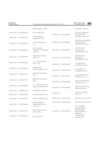 DIÁRIO OFICIAL                                                                                           MACEIO - SEGUNDA-FEIRA
ESTADO DE ALAGOAS                 Edição Eletrônica Certiﬁcada Digitalmente conforme LEI N° 7.397/2012    14 DE JANEIRO DE 2013   55
                                  IMPORTAÇÃO - EIRELI                                                      INTERNET LTDA ME


10/01/2013          20130005894   M B DUARTE ME                                                            ESPAÇO INTEGRADO
                                                                          10/01/2013 20120590344           DO BEM ESTAR
                                  FLAVIO REPRES                                                            AQUARIO LTDA - ME
10/01/2013          20130005940
                                  COMERCIO LTDA
                                                                                                           BRANDOLIS COMÉRCIO
                                  CONSTRUTORA OAS                         10/01/2013 20130009849           IMPORTAÇÃO E
10/01/2013          20130007510
                                  S.A                                                                      DISTRIBUIÇÃO LTDA


                                  JQ TELEFONIA                                                             COSTA E SILVA
10/01/2013          20130003034   COMERCIO E SERVIÇOS                     10/01/2013 27200536764           SERVIÇOS DE
                                  LTDA ME                                                                  INFORMATICA LTDA


                                  LABORATÓRIO LACEL                                                        COSTA E SILVA
10/01/2013          20130002780
                                  LTDA EPP                                10/01/2013 20120541289           SERVIÇOS DE
                                                                                                           INFORMATICA LTDA
                                  F. F. CONSTRUTORA
10/01/2013          20120594366
                                  LTDA - EPP                                                               A I RODRIGUES
                                                                          10/01/2013 27600181904
                                                                                                           ALIMENTOS EIRELI
                                  MARKA VIVA
10/01/2013          20120542285
                                  COMUNICAÇÃO LTDA                                                         A I RODRIGUES
                                                                          10/01/2013 20120576201
                                                                                                           ALIMENTOS EIRELI
                                  PRAXEDES & SANTOS
10/01/2013          27200536730
                                  LTDA                                                                     R & B LABORATÓRIO
                                                                          10/01/2013 27200536713
                                                                                                           PROTÉTICO LTDA
                                  PRAXEDES & SANTOS
10/01/2013          20120590727
                                  LTDA                                                                     R & B LABORATÓRIO
                                                                          10/01/2013 20130009865
                                                                                                           PROTÉTICO LTDA
                                  S. K. CONSTRUCOES E
10/01/2013          20130010286
                                  SERVICOS GERAIS LTDA                                                     MARIO SERGIO ALVES
                                                                          10/01/2013 20120595184
                                                                                                           DA SILVA JUNIOR
10/01/2013          20130005754   M BARBOSA DUARTE
                                                                                                           ARAÚJO & SANTOS
                                                                          10/01/2013
10/01/2013          27200536721   CHIQUÊ MODAS LTDA                                                        LTDA EPP


10/01/2013          20120597810   CHIQUÊ MODAS LTDA                       10/01/2013 27200536772           MARTINS & SILVA LTDA


                                  INTER CONTROL                           10/01/2013 20120595206           MARTINS & SILVA LTDA
10/01/2013          20130008966   INSTRUMENTACAO
                                  LTDA ME                                                                  LVF - TRADING
                                                                                                           IMPORTAÇÃO E
                                  PINGUIM QUEIJOS E                                                        EXPORTAÇÃO,
10/01/2013          27200536748                                           10/01/2013 20120591103           PRESTADORA DE
                                  FRIOS LTDA
                                                                                                           SERVIÇOS,
10/01/2013          20120493969                                                                            CONSULTORIA,
                                  ID 5 SOLUCOES
                                                                                                           ASSESSORIA
 