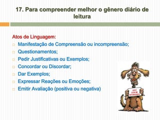 17. Para compreender melhor o gênero diário de
                       leitura


Atos de Linguagem:
   Manifestação de Compreensão ou incompreensão;
   Questionamentos;
   Pedir Justificativas ou Exemplos;
   Concordar ou Discordar;
   Dar Exemplos;
   Expressar Reações ou Emoções;
   Emitir Avaliação (positiva ou negativa)
 