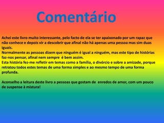 Comentário
Achei este livro muito interessante, pelo facto de ela se ter apaixonado por um rapaz que
não conhece e depois vir a descobrir que afinal não há apenas uma pessoa mas sim duas
iguais.
Normalmente as pessoas dizem que ninguém é igual a ninguém, mas este tipo de histórias
faz-nos pensar, afinal nem sempre é bem assim.
Esta história fez-me refletir em temas como a família, o divórcio e sobre a amizade, porque
retratou todos estes temas de uma forma simples e ao mesmo tempo de uma forma
profunda.

Aconselho a leitura deste livro a pessoas que gostam de enredos de amor, com um pouco
de suspense à mistura!
 