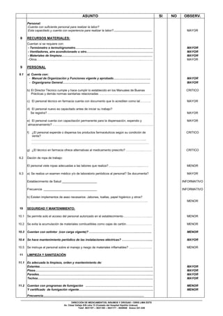 DIRECCIÓN DE MEDICAMENTOS, INSUMOS Y DROGAS – DIRIS LIMA ESTE
Av. César Vallejo S/N cdra 13 (Costado del Hospital Hipólito Unánue)
Telef. 3631107 – 3631160 – 3631171 - 3630946 Anexo 241-245
ASUNTO SI NO OBSERV.
Personal:
-Cuenta con suficiente personal para realizar la labor?
Esta capacitado y cuenta con experiencia para realizar la labor?............................................. MAYOR
8 RECURSOS MATERIALES:
Cuentan si se requiere con:
- Termómetro o termohigrometro………………………………………….……………..…..……. MAYOR
- Ventiladores, aire acondicionado u otro……………………………………..……………….…. MAYOR
- Materiales de limpieza…………………………….……………….…………………………..…… MAYOR
-Otros………………………………..……………………………….…………….…………...……….. MAYOR
9 PERSONAL
9.1 a) Cuenta con:
- Manual de Organización y Funciones vigente y aprobado………………………………. MAYOR
- Organigrama General…………………………………………………………………………… MAYOR
b) El Director Técnico cumple y hace cumplir lo establecido en los Manuales de Buenas
Prácticas y demás normas sanitarias relacionadas …………………………………………….
CRITICO
c) El personal técnico en farmacia cuenta con documento que lo acrediten como tal……….. MAYOR
d) El personal nuevo es capacitado antes de iniciar su trabajo?
Se registra? ……………………………………………………………………….……………….…. MAYOR
e) El personal cuenta con capacitación permanente para la dispensación, expendio y MAYOR
almacenamiento? …………………………...…….…………………...………………...…….……….
f) ¿El personal expende o dispensa los productos farmacéuticos según su condición de
venta?
…………………………………………………………………………………………………....
………………………………………………………………………………………………………
CRITICO
g) ¿El técnico en farmacia ofrece alternativas al medicamento prescrito? ……………..……… CRITICO
9.2 Dación de ropa de trabajo:
El personal viste ropas adecuadas a las labores que realiza? .………………….……....……. MENOR
9.3 a) Se realiza un examen médico y/o de laboratorio periódicos al personal? Se documenta? MAYOR
Establecimiento de Salud _____________________ INFORMATIVO
Frecuencia ________________________________ INFORMATIVO
b) Existen implementos de aseo necesarios: Jabones, toallas, papel higiénico y otros?
…………….……………………………………………………………………………………….. MENOR
10 SEGURIDAD Y MANTENIMIENTO:
10.1 Se permite solo el acceso del personal autorizado en el establecimiento……………………...… MENOR
10.2 Se evita la acumulación de materiales combustibles como cajas de cartón………………….…. MENOR
10.3 Cuentan con extintor (con carga vigente)? ……………………….………………..…….…….. MENOR
10.4 Se hace mantenimiento periódico de las instalaciones eléctricas? ……………………….... MAYOR
10.5 Se instruye al personal sobre el manejo y riesgo de materiales inflamables? ………………….. MENOR
11 LIMPIEZA Y SANITIZACIÓN
11.1 Es adecuada la limpieza, orden y mantenimiento de:
Estantes…….…………………………….…….……….…….……………………………………..….. MAYOR
Pisos…….………………………………….………..….…….……….…………………….…………... MAYOR
Paredes…….…………………………….….……….…….…………………………………………..… MAYOR
Techos…….………………………………….……….….…….……………………………………..…. MAYOR
11.2 Cuentan con programas de fumigación …………………………………………………………. MENOR
Y certificado de fumigación vigente…………………………………..…………………….….….. MENOR
Frecuencia......................................................................................................................
 