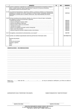 DIRECCIÓN DE MEDICAMENTOS, INSUMOS Y DROGAS – DIRIS LIMA ESTE
Av. César Vallejo S/N cdra 13 (Costado del Hospital Hipólito Unánue)
Telef. 3631107 – 3631160 – 3631171 - 3630946 Anexo 241-245
ASUNTO SI NO OBSERV.
12.18 Cuando se dispensa o expenden por unidad productos farmacéuticos envasados en blíster o
folios, se debe conservar hasta el expendio final, la sección en la que se encuentran
consignados la fecha de vencimiento y lote? …………………..………………………………….....
MAYOR
12.19 Los productos farmacéuticos, dispositivos médicos y productos sanitarios con observaciones
sanitarias son retirados de la venta y ubicados en el área de baja o rechazados, debidamente
identificados y lacrados para su posterior destrucción, bajo responsabilidad del Director
Técnico? ....................................................................................................................................
CRITICO
12.20 Se hace inventario de los productos retirados, los coloca en el área de baja o rechazados
y se registra en el libro de ocurrencias lo siguiente:
- Nombre del producto…………………………………………………………………….……..……... MENOR
- Número del Registro Sanitario /NSO……………………..…………….……………….……... MENOR
- Nombre del laboratorio fabricante………………………………………………..……..….………. MENOR
- Número de lote y fecha de vencimiento …………………..……….………….….……..………... MENOR
- Cantidad de envases……………………………………………..………………………..………… MENOR
- Número de unidades de envase cuando corresponda ……………………………….….………. MENOR
- Razón social del proveedor…………………………………………………………….……..……… MENOR
- Número de guía de remisión, boleta de venta o de la factura……………………………………. MENOR
12.21 Se registran y documentan las devoluciones y sus causas? ……………….….……………..…… MAYOR
12.22 Cuentan con software especializado donde les permite tener información sobre: INFORMATIVO
Nombre del producto
Lote
Fecha de vencimiento
Ingresos y egresos
Stock
otros
OBSERVACIONES – RECOMENDACIONES:
...................................................................................................................................................................................................................
...................................................................................................................................................................................................................
...................................................................................................................................................................................................................
...................................................................................................................................................................................................................
...................................................................................................................................................................................................................
...................................................................................................................................................................................................................
...................................................................................................................................................................................................................
...................................................................................................................................................................................................................
...................................................................................................................................................................................................................
...................................................................................................................................................................................................................
...................................................................................................................................................................................................................
...................................................................................................................................................................................................................
...................................................................................................................................................................................................................
...................................................................................................................................................................................................................
...................................................................................................................................................................................................................
...................................................................................................................................................................................................................
Siendo las................ horas del día .........../............................./.............. se da por concluida la verificación y se firma en señal de
conformidad.
……........................................................................... ..........................................................................
REPRESENTANTE LEGAL / PROPIETARIO / DECLARANTE QUÍMICO FARMACÉUTICO - DIRECTOR TÉCNICO
.......................................................... ……....................................................
INSPECTOR DIRIS INSPECTOR DIRIS
 