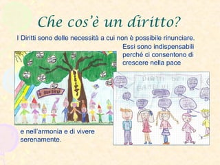 Che cos’è un diritto?
I Diritti sono delle necessità a cui non è possibile rinunciare.
e nell’armonia e di vivere
serenamente.
Essi sono indispensabili
perché ci consentono di
crescere nella pace
 