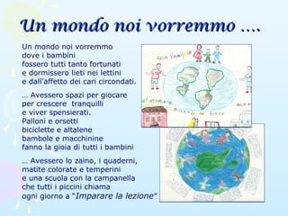 Un mondo noi vorremmo ….Un mondo noi vorremmo ….
Un mondo noi vorremmo
dove i bambini
fossero tutti tanto fortunati
e dormissero lieti nei lettini
e dall’affetto dei cari circondati.
… Avessero spazi per giocare
per crescere tranquilli
e viver spensierati.
Palloni e orsetti
biciclette e altalene
bambole e macchinine
fanno la gioia di tutti i bambini
… Avessero lo zaino, i quaderni,
matite colorate e temperini
e una scuola con la campanella
che tutti i piccini chiama
ogni giorno a “Imparare la lezione”
 