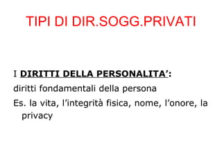 TIPI DI DIR.SOGG.PRIVATI


I DIRITTI DELLA PERSONALITA’:
diritti fondamentali della persona
Es. la vita, l’integrità fisica, nome, l’onore, la
  privacy
 