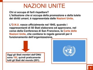 NAZIONI UNITE 5 Chi si occupa di farli rispettare? L’Istituzione che si occupa della promozione e della tutela dei diritti umani, è rappresentata dalle  Nazioni Unite .  L’ O.N.U.  nasce ufficialmente nel 1945, quando i rappresentanti di 50 Stati elaborano ed approvano, nel corso della Conferenza di San Francisco, la  Carta delle Nazioni Unite , che contiene le regole generali per il funzionamento dell’organizzazione.  Oggi gli Stati membri dell’ONU sono  192 , quindi praticamente tutti gli Stati del mondo (201). 