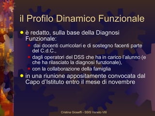 il Profilo Dinamico Funzionale è redatto, sulla base della Diagnosi Funzionale: dai docenti curricolari e di sostegno facenti parte del C.d.C.,  dagli operatori del DSS che ha in carico l’alunno (e che ha rilasciato la diagnosi funzionale), con la collaborazione della famiglia in una riunione appositamente convocata dal Capo d’Istituto entro il mese di novembre 