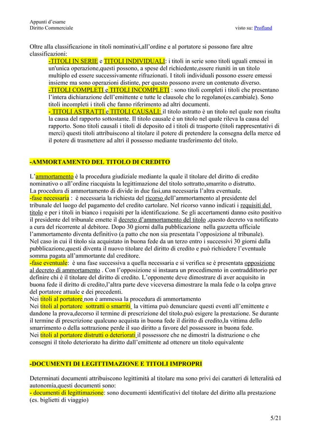 Appunti di Diritto Commerciale i Titoli
