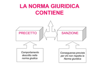 LA NORMA GIURIDICA
CONTIENE
PRECETTO SANZIONE
Comportamento
descritto nella
norma giudica
Conseguenza prevista
per chi non rispetta la
Norma giuridica
 