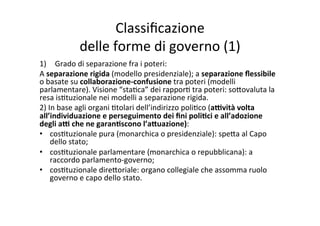 Classiﬁcazione	
  	
  
delle	
  forme	
  di	
  governo	
  (1)	
  
1)  Grado	
  di	
  separazione	
  fra	
  i	
  poteri:	
  
A	
  separazione	
  rigida	
  (modello	
  presidenziale);	
  a	
  separazione	
  ﬂessibile	
  
o	
  basate	
  su	
  collaborazione-­‐confusione	
  tra	
  poteri	
  (modelli	
  
parlamentare).	
  Visione	
  “sta=ca”	
  dei	
  rappor=	
  tra	
  poteri:	
  so?ovaluta	
  la	
  
resa	
  is=tuzionale	
  nei	
  modelli	
  a	
  separazione	
  rigida.	
  	
  
2)	
  In	
  base	
  agli	
  organi	
  =tolari	
  dell’indirizzo	
  poli=co	
  (a<vità	
  volta	
  
all’individuazione	
  e	
  perseguimento	
  dei	
  ﬁni	
  poli*ci	
  e	
  all’adozione	
  
degli	
  a<	
  che	
  ne	
  garan*scono	
  l’a@uazione):	
  
•  cos=tuzionale	
  pura	
  (monarchica	
  o	
  presidenziale):	
  spe?a	
  al	
  Capo	
  
dello	
  stato;	
  
•  cos=tuzionale	
  parlamentare	
  (monarchica	
  o	
  repubblicana):	
  a	
  
raccordo	
  parlamento-­‐governo;	
  
•  cos=tuzionale	
  dire?oriale:	
  organo	
  collegiale	
  che	
  assomma	
  ruolo	
  
governo	
  e	
  capo	
  dello	
  stato.	
  	
  
 