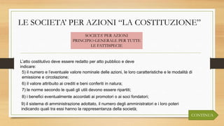 LE SOCIETA’ PER AZIONI “LA COSTITUZIONE”
L’atto costitutivo deve essere redatto per atto pubblico e deve
indicare:
SOCIETA’ PER AZIONI
PRINCIPIO GENERALE PER TUTTE
LE FATTISPECIE
CONTINUA
5) il numero e l’eventuale valore nominale delle azioni, le loro caratteristiche e le modalità di
emissione e circolazione;
6) il valore attribuito ai crediti e beni conferiti in natura;
7) le norme secondo le quali gli utili devono essere ripartiti;
8) i benefici eventualmente accordati ai promotori o ai soci fondatori;
9) il sistema di amministrazione adottato, il numero degli amministratori e i loro poteri
indicando quali tra essi hanno la rappresentanza della società;
 
