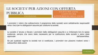 LE SOCIETA’ PER AZIONI CON OFFERTA
PUBBLICA SOCIETA’ PER AZIONI
COSTITUITE PER
SOTTOSCRIZIONE DELLE AZIONIL’ECCEZIONE
CONTINUA
I promotori ( coloro che sottoscrivono il programma della società) sono solidalmente responsabili
verso i terzi per le obbligazioni assunte per costituire la società.
La società e’ tenuta a rilevare i promotori dalle obbligazioni assunte e a rimborsare loro le spese
sostenute, sempre che siano state necessarie per la costituzione della società o siano state
approvate dall’assemblea.
Se per qualsiasi ragione la società non si costituisce, i promotori non possono rivalersi verso i
sottoscrittori delle azioni
 