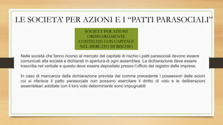 LE SOCIETA’ PER AZIONI E I “PATTI PARASOCIALI”
SOCIETA’ PER AZIONI
ORDINARIAMENTE
COSTITUITE CON CAPITALE
NEL MERCATO DI RISCHIO
Nelle società che fanno ricorso al mercato del capitale di rischio i patti parasociali devono essere
comunicati alla società e dichiarati in apertura di ogni assemblea. La dichiarazione deve essere
trascritta nel verbale e questo deve essere depositato presso l’ufficio del registro delle imprese.
In caso di mancanza della dichiarazione prevista dal comma precedente i possessori delle azioni
cui si riferisce il patto parasociale non possono esercitare il diritto di voto e le deliberazioni
assembleari adottate con il loro voto determinante sono impugnabili
 