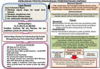 4
Tujuan Nasional
Tujuan Terbentuknya Negara:
 Melindungi segenap bangsa dan tumpah darah
Indonesia
 Memajukan kesejahteraan umum
 Mencerdaskan kehidupan bangsa
 Ikut melaksanakan ketertiban dunia
Indonesia Negara Kesatuan Yg Terdesentralisasi Dgn Presiden
Memegang Kekuasaan Pemerintahan (Pasal 4 UUD 1945)
Pasal 18, 18 A dan 18 B UUD 1945
- NKRI dibagi atas Prov, Kab & Kota.
- Asas Otonomi dan Tugas Pembantuan
- Dipimpin Gub, Bupati, Walkot yg dipilih demokratis – memiliki DPRD
dipilih melalui Pemilu
- Menjalankan Urusan Pemerintahan
- Hub. wewenang antar tingkatan Pemerintahan
- Hub. Keuangan, pelayanan umum, pemanfaatan SDA & SDA lainnya
dilaks. adil & selaras diatur dgn undang-undang.
- Negara mengakui & menghormati satuan-satuan pemerintahan
daerah yg bersifat khusus atau istimewa yg diatur dgn undang-
undang
KEBIJAKAN PENYELENGGARAAN PEMERINTAHAN DAERAH
Otonomi Daerah
Hak, wewenang, dan kewajiban daerah otonom untuk
mengatur dan mengurus sendiri Urusan Pemerintahan dan
kepentingan masyarakat setempat dalam sistem NKRI
Tujuan
Demokrasi
Kesejahteraan
Memposisikan Pemda sbg instrumen pendidikan politik
di tingkat lokal, yg akan menyumbang thdp pendidikan
politik nasional demi terwujudnya civil society.
Pemda menyediakan pelayanan publik yg efektif, efisien
dan ekonomis untuk masyarakat lokal.
Selaras dgn tujuan Otda penyelenggaraan Pemda
diarahkan untuk mempercepat terwujudnya kesejahteraan
masyarakat melalui peningkatan pelayanan,
pemberdayaan, & peran serta masyarakat, serta
peningkatan daya saing daerah dengan memperhatikan
prinsip demokrasi, pemerataan, keadilan, dan kekhasan
suatu daerah dalam sistem NKRI
Hak Warga Negara
Ps. 27, 28 H, Ps. 34 UUD 1945
Pendidikan, Kesehatan, Hak atas Pekerjaan, Hak atas
penghidupan yg layak, dan Jaminan Sosial
Gub, Bup, Walkot
dipilih scr
demokrasi
(Langsung)
DPRD dipilih
melalui Pemilu
Pemerintahan Daerah
Pemerintah
Daerah DPRD
DPRD & KDH berkedudukan sebagai unsur penyelenggaraan
Pemda yg diberi mandat rakyat untuk melaksanakan urusan
Pemerintahan Daerah & merupakan mitra sejajar dlm
menjalankan fungsinya
Penyerahan Urusan Pemerintahan oleh Pemerintah Pusat
kepada daerah otonom berdasarkan asas otonomi
Desentralisasi
 