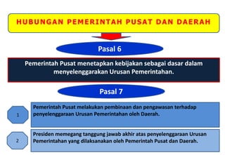 HUBUNGAN PEMERINTAH PUSAT DAN DAERAH
Pasal 6
Pemerintah Pusat menetapkan kebijakan sebagai dasar dalam
menyelenggarakan Urusan Pemerintahan.
Pemerintah Pusat melakukan pembinaan dan pengawasan terhadap
penyelenggaraan Urusan Pemerintahan oleh Daerah.
Presiden memegang tanggung jawab akhir atas penyelenggaraan Urusan
Pemerintahan yang dilaksanakan oleh Pemerintah Pusat dan Daerah.
1
2
Pasal 7
 