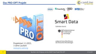 13 Big Data in der Fertigung und das SMART Data Projekt PRO-OPT 17.11.2017
Das PRO-OPT Projekt
Projektstart 1.1.2015,
3 Jahre Laufzeit
www.pro-opt.org
 