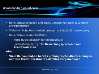 Gründe für die Kurseinbrüche Hohe Ertragseinbußen und große Unsicherheit über zukünftige Ertragssituation Weiterhin hohe Unsicherheit bezogen auf Liquiditätsversorgung Hohe Risiken in den Portfolios Hohe Rückstellungen für Kreditausfälle und insbesondere große  Bewertungsprobleme mit Kreditderivaten Aber Viele Banken haben bereits umfangreiche Abschreibungen auf ihre Creditinvestmentportfolios vorgenommen www.blicklog.com 