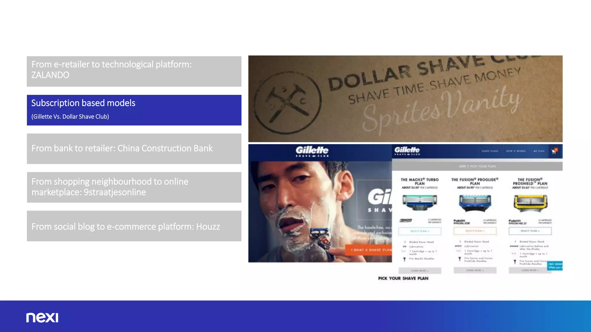 From e-retailer to technological platform:
ZALANDO
From bank to retailer: China Construction Bank
From shopping neighbourhood to online
marketplace: 9straatjesonline
From social blog to e-commerce platform: Houzz
Subscription based models
(Gillette Vs. Dollar Shave Club)
 