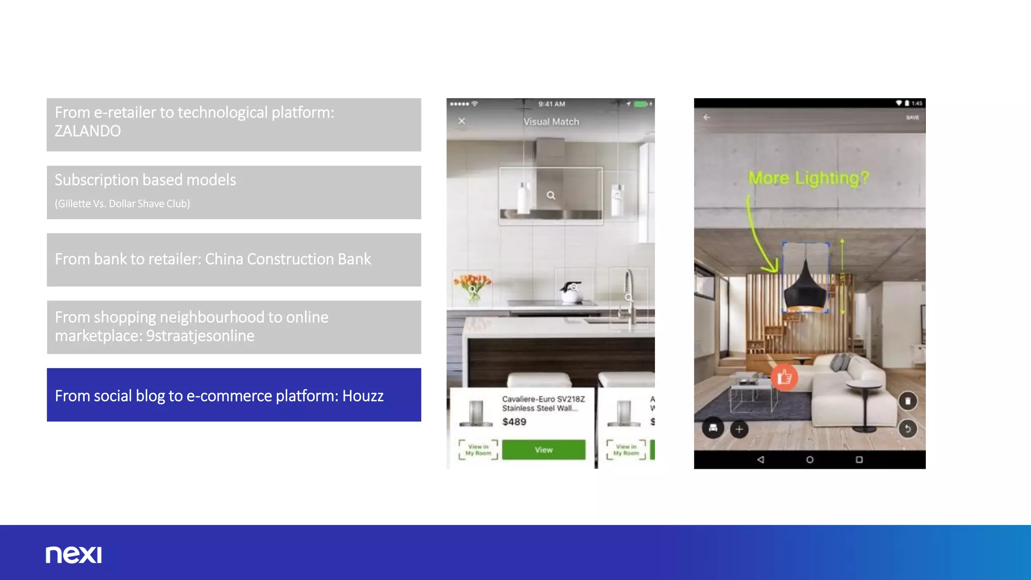 From e-retailer to technological platform:
ZALANDO
From bank to retailer: China Construction Bank
From shopping neighbourhood to online
marketplace: 9straatjesonline
From social blog to e-commerce platform: Houzz
Subscription based models
(Gillette Vs. Dollar Shave Club)
 