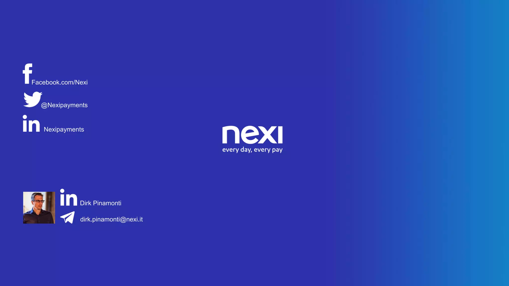 Facebook.com/Nexi
@Nexipayments
Nexipayments
dirk.pinamonti@nexi.it
Dirk Pinamonti
 