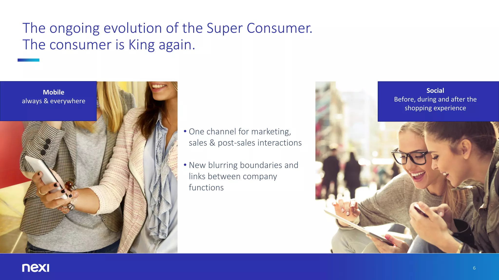 6
The ongoing evolution of the Super Consumer.
The consumer is King again.
• One channel for marketing,
sales & post-sales interactions
• New blurring boundaries and
links between company
functions
Mobile
always & everywhere
Social
Before, during and after the
shopping experience
 