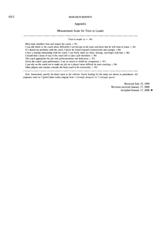 1012

RESEARCH REPORTS
Appendix
Measurement

S c a l e f o r T r u s t in L e a d e r

Trust in leader (a = .96)
Most team members trust and respect the coach. (. 93)
I can talk freely to the coach about difficulties I am having on the team and know that he will want to listen. (. 84)
If I shared my problems with the coach, I know he would respond constructively and caringly. (.90)
I have a sharing relationship with the coach. I can freely share my ideas, feelings, and hopes with him. (. 86)
I would feel a sense of loss if the coach left to take a job elsewhere. (. 96)
The coach approaches his job with professionalism and dedication. (. 87)
Given the coach's past performance, I see no reason to doubt his competence. (. 87)
I can rely on the coach not to make my job (as a player) more difficult by poor coaching. (. 88)
Other players and coaches consider the head coach to be trustworthy. (. 94)

Note. Instructions specify the head coach as the referent. Factor loading for the items are shown in parentheses. All
responses were on 7-point Likert scales ranging from 1 (strongly disagree) to 7 (strongly agree).
R e c e i v e d July 15, 1999
R e v i s i o n received January 17, 2000
A c c e p t e d J a n u a r y 17, 2000 •

 