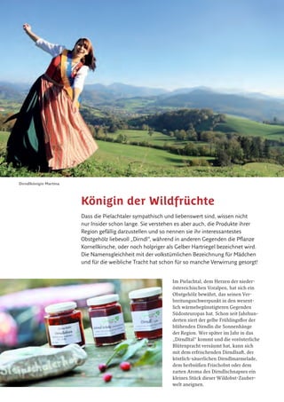 Dirndl-Frucht und Dirndlblüte
Dirndlbrot mit Dirndloliven
Im Pielachtal, dem Herzen der nieder-
östereichischen Voralpen, hat sich ein
Obstgehölz bewährt, das seinen Ver-
breitungsschwerpunkt in den wesent-
lich wärmebegünstigteren Gegenden
Südosteuropas hat. Schon seit Jahrhun-
derten ziert der gelbe Frühlingsflor der
blühenden Dirndln die Sonnenhänge
der Region. Wer später im Jahr in das
„Dirndltal“ kommt und die vorösterliche
Blütenpracht versäumt hat, kann sich
mit dem erfrischenden Dirndlsaft, der
köstlich-säuerlichen Dirndlmarmelade,
dem herbsüßen Frischobst oder dem
zarten Aroma des Dirndlschnapses ein
kleines Stück dieser Wildobst-Zauber-
welt aneignen.
Königin der Wildfrüchte
Dass die Pielachtaler sympathisch und liebenswert sind, wissen nicht
nur Insider schon lange. Sie verstehen es aber auch, die Produkte ihrer
Region gefällig darzustellen und so nennen sie ihr interessantestes
Obstgehölz liebevoll „Dirndl“, während in anderen Gegenden die Pflanze
Kornellkirsche, oder noch holpriger als Gelber Hartriegel bezeichnet wird.
Die Namensgleichheit mit der volkstümlichen Bezeichnung für Mädchen
und für die weibliche Tracht hat schon für so manche Verwirrung gesorgt!
Die Dirndlblüte
Das Pielachtaler Naturwunder im Frühling beginnt manchmal
schon Ende Jänner. Zur Zeit der Dirndlblütenwanderung in der
letzten Märzwoche ist die Wahrscheinlichkeit diesen gelben Früh-
blüher anzutreffen am größten. Machen sie sich auf über 500.000
winzige Einzelblüten auf einer einzigen Dirndlstaude gefasst!
Der Fruchtbehang
Tausende schwarzrote Naschfrüchte in der Größe einer
Hagebutte bringen die biegsamen Zweige in Bedrängnis.
Im späten August ist im Pielachtal die Dirndl-Vollreife zu
bewundern. Die Pielachtaler Naturführer zeigen Ihnen wo!
Die Baumform
Dirndlsträucher werden im Pielachtal Dirndlstauden genannt,
sind aber eigentlich kleine Bäume, die ein biblisches Alter errei-
chen können. Einige der Uraltexemplare standen hier schon zu
Zeiten Maria Theresias. Entsprechend abenteuerlich sind auch die
knorrigen Äste und Baumformen. Beim Dirndl-Caching können
sie die schönsten Dirndlstauden aufspüren!
Die Dirndlfrucht
Der Geschmack von Dirndlfrüchten läßt sich nur schwer be-
schreiben. Schon gar nicht, wenn man dazu eine andere Obstart
im Vergleich erwähnt. Frische, vollreife Dirndlfrüchte muss man
einfach gekostet haben. Tun Sie es, im Spätsommer im Dirndltal!
Die Dirndlmarmelade
Schon die tiefrote Farbe eines Brotaufstriches aus Dirndl lässt
eine Überraschung erwarten. Das häufigst gehörte Attribut
ist: köstlich. Prüfen Sie diese Aussage mit Dirndlmarmeladen
direkt von den Dirndlproduzenten.
Der Dirndlsaft
Ein Getränk zu gepflegten Mahlzeiten, nach einer wunderbaren
Wanderung durch die Pielachtaler Voralpen oder als Gesund-
brunnen für ernährungsbewußte Menschen – der Dirndlsaft
kann noch viel mehr. Der Slogan: Genuss ohne Reue könnte für
den Dirndlsaft erfunden worden sein!
Der Dirndlschnaps
Kenner schätzen den Dirndlschnaps als einen der besten
Edelbrände Europoas ein. Die Herstellung ist mühsam und
erfordert viel Erfahrung. Guter Dirndlschnaps ist deswegen
auch rar und wertvoll. Wie gut er schmeckt und welche gehei-
men Aromen darin zu entdecken sind, widersetzt sich jeder
Beschreibung. Das müssen Sie selbst erlebt haben!
Die Dirndl-Bäuerinnen
Die Bäuerinnen und Bauern des Pielachtales haben trotz
aller Veränderungen und Umstellungen im Bereich der
Landwirtschaft die Tradition der Dirndlkultur aufrecht
erhalten. Schon deshalb muss man die gastfreundliche
Talbevölkerung mögen!
Die Dirndltaler Beherberungsbetriebe
Um das Pielachtal und das Markenprodukt Dirndl in vollen
Zügen genießen zu können, braucht es ein wenig Zeit und
vor allem eine freundliche und angenehme Wohnatmos-
phäre. An den Dirndltaler Beherbergungsbetrieben können
Sie erfahren, dass die Marke Dirndl kein aufgesteckter
Marketing-Gag ist, sondern liebenswerter Pielachtal-Alltag.
Sehenswert
Genussvoll
Liebenswert
Dirndlkönigin Martina
DeR DIRNDl-STecKBRIeF
Name:
Die Dirndl
Wissenschaftlicher Name:
Cornus mas
Sonstige Namen:
Gelber Hartriegel,
Kornellkirsche
Wuchsform:
großer Strauch oder kleiner
Baum bis 6 Meter Baumhöhe
Blüte:
gelb im zeitigen Frühjahr
Früchte:
schwarzrot, herb-säuerlich,
im Spätsommer
Fruchtgeschmack:
köstlich
Vorkommen:
häufig in Südosteuropa und
im Pielachtal, sonst selten
Standort:
warm-trockene Böden mit
ausreichendem Kalkgehalt
Infos:
ultimativ im
DirndlWiki
www.dirndlwiki.at
 
