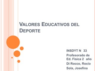 VALORES EDUCATIVOS DEL
DEPORTE

INSDYT N 33
Profesorado de
Ed. Física 2 año
Di Rocco, Rocío
Sola, Josefina

 