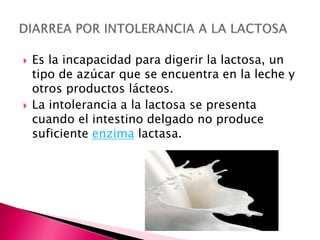    Es la incapacidad para digerir la lactosa, un
    tipo de azúcar que se encuentra en la leche y
    otros productos lácteos.
   La intolerancia a la lactosa se presenta
    cuando el intestino delgado no produce
    suficiente enzima lactasa.
 
