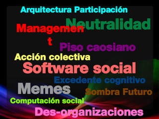 Neutralidad Acción colectiva Software social Piso caosiano Management Sombra Futuro Memes Des-organizaciones Arquitectura Participación Excedente cognitivo ` Computación social 