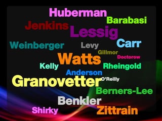 Lessig Kelly Weinberger Gillmor Doctorow Watts Carr Huberman Jenkins Berners-Lee Granovetter Zittrain Shirky Barabasi O’Reilly Rheingold Benkler Anderson Levy 