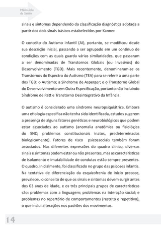 Ministério
da Saúde
14
sinais e sintomas dependendo da classiﬁcação diagnóstica adotada a
partir dos dois sinais básicos estabelecidos por Kanner.
O conceito do Autismo Infantil (AI), portanto, se modiﬁcou desde
sua descrição inicial, passando a ser agrupado em um contínuo de
condições com as quais guarda várias similaridades, que passaram
a ser denominadas de Transtornos Globais (ou Invasivos) do
Desenvolvimento (TGD). Mais recentemente, denominaram-se os
Transtornos do Espectro do Autismo (TEA) para se referir a uma parte
dos TGD: o Autismo; a Síndrome de Asperger; e o Transtorno Global
do Desenvolvimento sem Outra Especiﬁcação, portanto não incluindo
Síndrome de Rett e Transtorno Desintegrativo da Infância.
O autismo é considerado uma síndrome neuropsiquiátrica. Embora
uma etiologia especíﬁca não tenha sido identiﬁcada, estudos sugerem
a presença de alguns fatores genéticos e neurobiológicos que podem
estar associados ao autismo (anomalia anatômica ou ﬁsiológica
do SNC; problemas constitucionais inatos, predeterminados
biologicamente). Fatores de risco psicossociais também foram
associados. Nas diferentes expressões do quadro clínico, diversos
sinaisesintomaspodemestarounãopresentes,masascaracterísticas
de isolamento e imutabilidade de condutas estão sempre presentes.
O quadro, inicialmente, foi classiﬁcado no grupo das psicoses infantis.
Na tentativa de diferenciação da esquizofrenia de início precoce,
prevaleceu o conceito de que os sinais e sintomas devem surgir antes
dos 03 anos de idade, e os três principais grupos de características
são: problemas com a linguagem; problemas na interação social; e
problemas no repertório de comportamentos (restrito e repetitivo),
o que inclui alterações nos padrões dos movimentos.
 