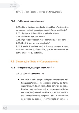 Ministério
da Saúde
42
tar reações como cobrir as orelhas, afastar-se, chorar)?
7.2.9 Problemas de comportamento:
7.2.9.1 Já manifestou masturbação em público e/ou tentativas
de tocar em partes íntimas dos outros de forma persistente?
7.2.9.2 Demonstra hiperatividade (agitação intensa)?
7.2.9.3 Tem hábito de roer unhas?
7.2.9.4 Agride os outros sem razão aparente ou se auto-agride?
7.2.9.5 Destrói objetos com frequência?
7.2.9.6 Medos (relacionar medos discrepantes com a etapa
evolutiva: frequência, intensidade, grau de interferência em
outras atividades ou na família).
7.3 Observação Direta do Comportamento
7.3.1 – Interação social, linguagem e comunicação
7.3.1.1 - Atenção Compartilhada
• Observar se tenta dirigir a atenção do examinador para
brinquedos/eventos de interesse próprio, de forma
espontânea. Pode ser manifestado por meio de gestos
(mostrar, apontar, trazer objetos para o parceiro) e/ou
verbalizações (comentários sobre as propriedades físicas
dos objetos/eventos; perguntas para esclarecimento
de dúvidas ou obtenção de informação em relação a
 