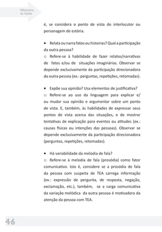 Ministério
da Saúde
46
é, se considera o ponto de vista do interlocutor ou
personagem de estória.
• Relata ou narra fatos ou historias? Qual a participação
da outra pessoa?
o Refere-se à habilidade de fazer relatos/narrativas
de fatos e/ou de situações imaginárias. Observar se
depende exclusivamente da participação direcionadora
da outra pessoa (ex.: perguntas, repetições, retomadas).
• Expõe sua opinião? Usa elementos de justiﬁcativa?
o Refere-se ao uso da linguagem para explicar e/
ou mudar sua opinião e argumentar sobre um ponto
de vista. E, também, às habilidades de expressar seus
pontos de vista acerca das situações, e de mostrar
tentativas de explicação para eventos ou atitudes (ex.:
causas físicas ou intenções das pessoas). Observar se
depende exclusivamente da participação direcionadora
(perguntas, repetições, retomadas).
• Há variabilidade da melodia de fala?
o Refere-se à melodia de fala (prosódia) como fator
comunicativo. Isto é, considere se a prosódia de fala
da pessoa com suspeita de TEA carrega informação
(ex.: expressão de pergunta, de resposta, negação,
exclamação, etc.), também, se a carga comunicativa
da variação melódica da outra pessoa é motivadora da
atenção da pessoa com TEA.
 