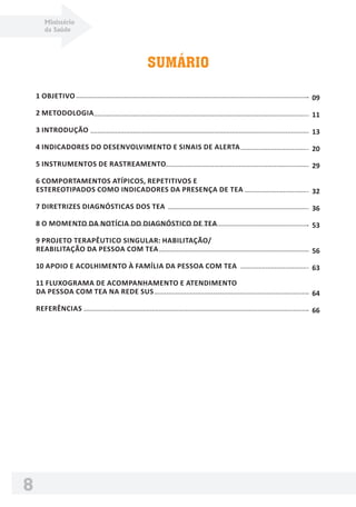 Ministério
da Saúde
8
SUMÁRIO
1 OBJETIVO
2 METODOLOGIA
3 INTRODUÇÃO
4 INDICADORES DO DESENVOLVIMENTO E SINAIS DE ALERTA
5 INSTRUMENTOS DE RASTREAMENTO
6 COMPORTAMENTOS ATÍPICOS, REPETITIVOS E
ESTEREOTIPADOS COMO INDICADORES DA PRESENÇA DE TEA
7 DIRETRIZES DIAGNÓSTICAS DOS TEA
8 O MOMENTO DA NOTÍCIA DO DIAGNÓSTICO DE TEA
9 PROJETO TERAPÊUTICO SINGULAR: HABILITAÇÃO/
REABILITAÇÃO DA PESSOA COM TEA
10 APOIO E ACOLHIMENTO À FAMÍLIA DA PESSOA COM TEA
11 FLUXOGRAMA DE ACOMPANHAMENTO E ATENDIMENTO
DA PESSOA COM TEA NA REDE SUS
REFERÊNCIAS
09
11
13
20
29
32
36
53
56
63
64
66
 