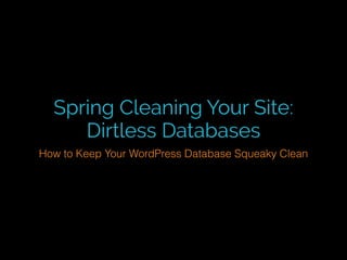 Spring Cleaning Your Site:
Dirtless Databases
How to Keep Your WordPress Database Squeaky Clean
 