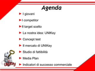 Agenda I giovani I competitor Il target scelto La nostra idea: UNIKey Concept test Il mercato di UNIKey Studio di fattibilità Media Plan Indicatori di successo commerciale 