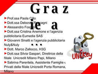 Grazie a … Prof.ssa Paola Cillo Dott.ssa Deborah Raccagni Alessandro Fossati Dott.ssa Cristina Anemone e l’agenzia pubblicitaria Eumedia SAS Giovanni Sinatti e l’agenzia pubblicitaria Nuly&Nuly Dott. Marco Zallocco, H3G Dott.ssa Silvia Gaspari, Direttrice della filiale  Unicredit Milano Papi, Milano Sabrina Parentela, Assistente Famiglie e Privati della filiale Unicredit Porta Romana, Milano 