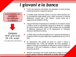 I giovani e la banca Il 24% del campione intervistato non possiede un conto pensato esclusivamente per il segmento giovani. La totalità degli intervistati utilizza il servizio online bancario per la consultazione degli estratti conto, saldo movimenti e ricariche telefoniche, mentre solo il 6% utilizza i servizi online per il pagamento dei bollettini e Ri.Ba. Tutti gli intervistati evidenziano la comodità di non doversi recare in filiale e quindi un significativo risparmio di tempo tra i vantaggi dei servizi bancari online; inoltre il 90% dichiara che la possibilità di effettuare operazioni 24h su 24 rappresenta un vantaggio esclusivo dell’internet banking. La filiale resta il canale d’eccellenza per il rapporto cliente-banca, a seguire l’ATM e la posta elettronica, rispettivamente con il 4% e l’8%. La motivazione che spinge ad aprire un conto in banca è rappresentata per il 92% dal deposito dei primi guadagni, a seguire il 40% per la possibilità di utilizzare la carta di credito e/o bancomat, il 32% per il deposito di risparmi, mentre il 28% per finanziarsi gli studi. Abbiamo riscontrato che la path dependency legata al conto dei propri genitori influenza totalmente la scelta dell’apertura del conto. QUESTIONARIO SUL RAPPORTO  TRA I GIOVANI  E LA BANCA Campione : 100 giovani  18-30 anni  di cui 48 uomini e 52 donne (*) 