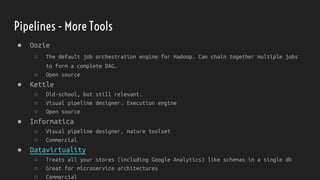 Pipelines - More Tools
● Oozie
○ The default job orchestration engine for Hadoop. Can chain together multiple jobs
to form a complete DAG.
○ Open source
● Kettle
○ Old-school, but still relevant.
○ Visual pipeline designer. Execution engine
○ Open source
● Informatica
○ Visual pipeline designer, mature toolset
○ Commercial
● Datavirtuality
○ Treats all your stores (including Google Analytics) like schemas in a single db
○ Great for microservice architectures
○ Commercial
 