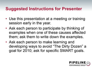 Suggested Instructions for Presenter Use this presentation at a meeting or training session early in the year. Ask each person to participate by thinking of examples when one of these causes affected them; ask them to write down the examples. Ask each person to make learning and developing ways to avoid “The Dirty Dozen” a goal for 2010; ask for specific SMART goals. 
