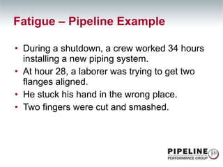 During a shutdown, a crew worked 34 hours installing a new piping system. At hour 28, a laborer was trying to get two flanges aligned. He stuck his hand in the wrong place. Two fingers were cut and smashed. Fatigue – Pipeline Example 