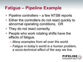Pipeline controllers – a few NTSB reports Either the controllers do not react quickly to abnormal operating conditions,  OR They do not react correctly. People who work rotating shifts have the effects of fatigue.  Many examples from all over the world. Fatigue in today’s world is a human problem, a socio-technical effect of the way we live. Fatigue – Pipeline Example 