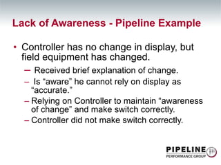 Controller has no change in display, but field equipment has changed. Received brief explanation of change. Is “aware” he cannot rely on display as “accurate.” Relying on Controller to maintain “awareness of change” and make switch correctly. Controller did not make switch correctly. Lack of Awareness - Pipeline Example 
