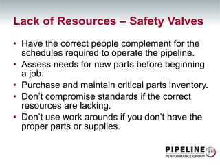Have the correct people complement for the schedules required to operate the pipeline. Assess needs for new parts before beginning a job. Purchase and maintain critical parts inventory. Don’t compromise standards if the correct resources are lacking. Don’t use work arounds if you don’t have the proper parts or supplies. Lack of Resources – Safety Valves 