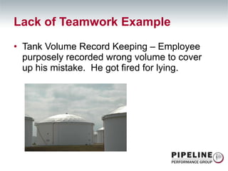 Lack of Teamwork Example Tank Volume Record Keeping – Employee purposely recorded wrong volume to cover up his mistake.  He got fired for lying.  