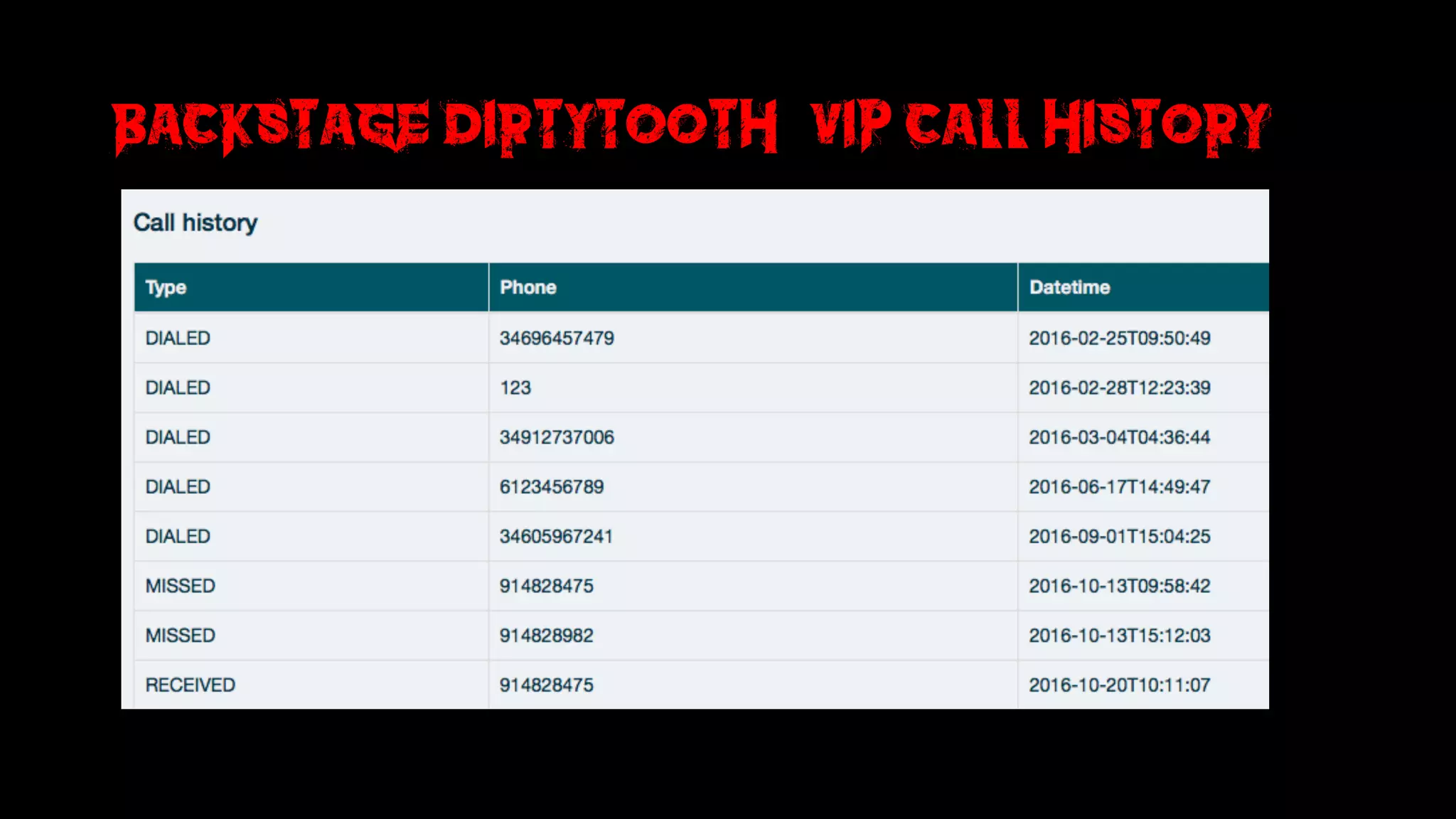 Backstage DirtyTooth: vip Call History
 
