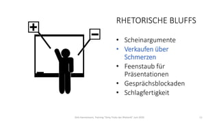 RHETORISCHE BLUFFS
• Scheinargumente
• Verkaufen über
Schmerzen
• Feenstaub für
Präsentationen
• Gesprächsblockaden
• Schlagfertigkeit
Dirk Hannemann, Training "Dirty Tricks der Rhetorik" Juni 2020 11
 