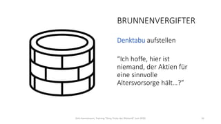 BRUNNENVERGIFTER
Denktabu aufstellen
“Ich hoffe, hier ist
niemand, der Aktien für
eine sinnvolle
Altersvorsorge hält…?”
Dirk Hannemann, Training "Dirty Tricks der Rhetorik" Juni 2020 35
 