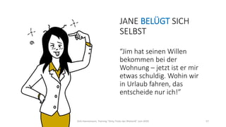 JANE BELÜGT SICH
SELBST
“Jim hat seinen Willen
bekommen bei der
Wohnung – jetzt ist er mir
etwas schuldig. Wohin wir
in Urlaub fahren, das
entscheide nur ich!”
Dirk Hannemann, Training "Dirty Tricks der Rhetorik" Juni 2020 57
 